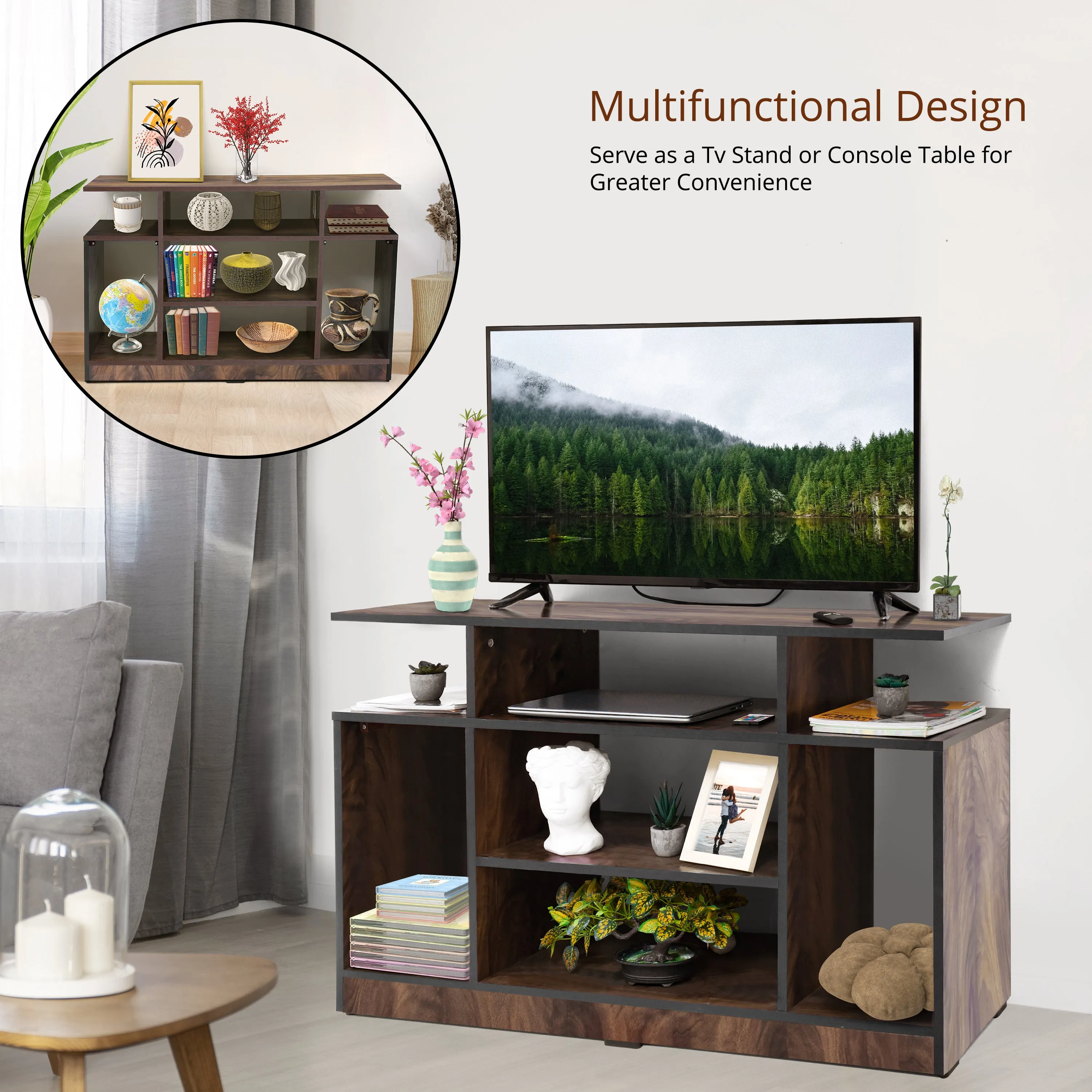 ABOUT SPACE TV Stand - Wooden TV Entertainment Unit and Shelf Storage  - TV Unit for 32 to 50 Inch TV - Dual Tone Brown