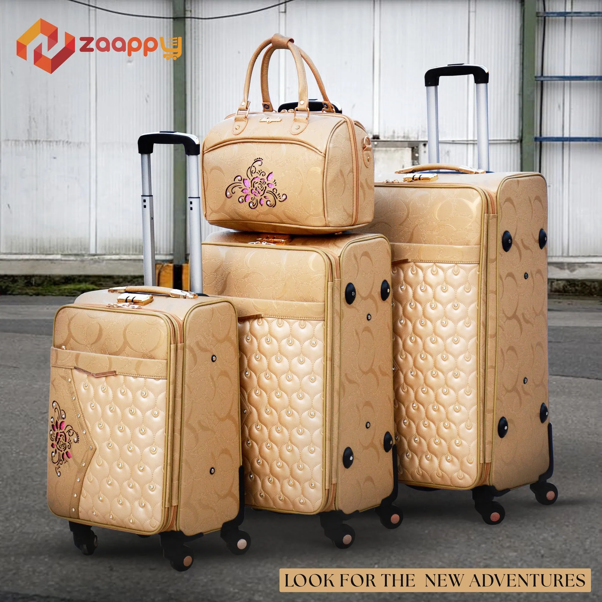 Glittering Gold with Stone ASD PU Leather Luggage | 4 Pcs Set 7, 20, 24 and 28 Inches