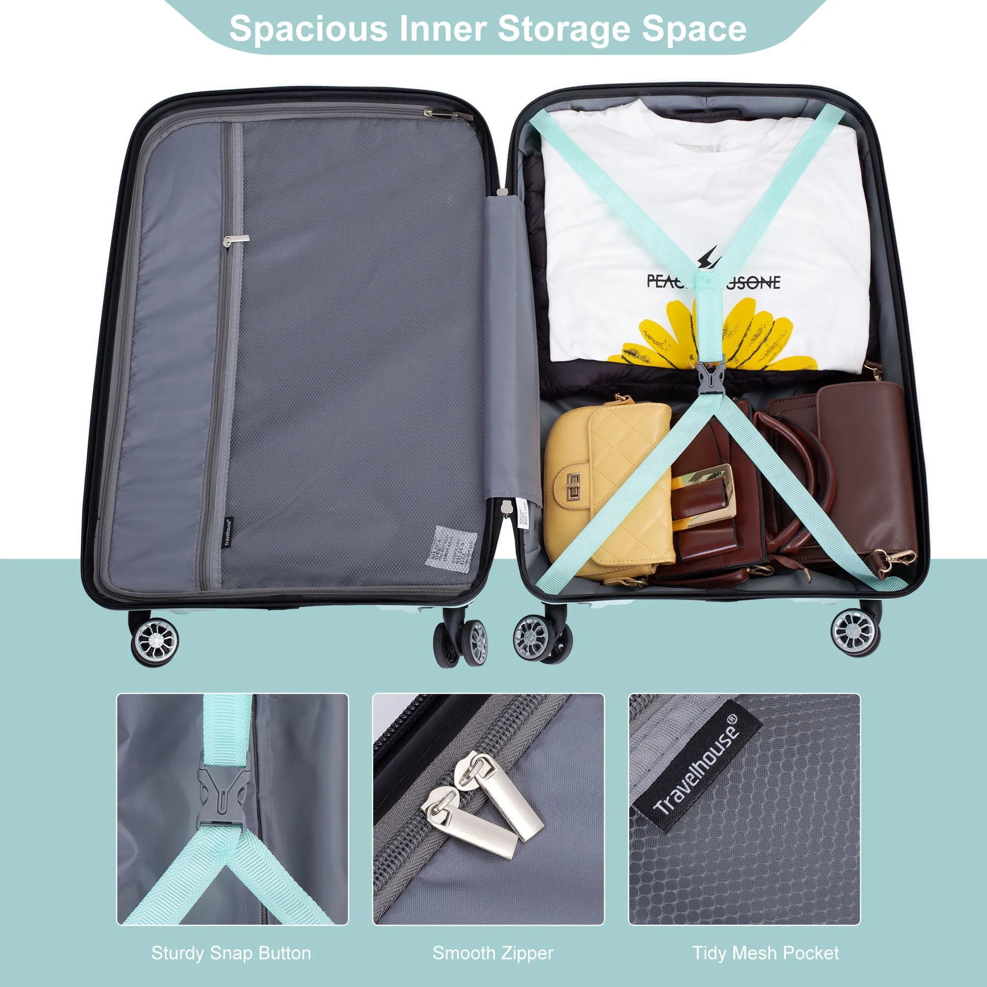 Hardshell Suitcase Double Spinner Wheels Pp Luggage Sets Lightweight Durable Suitcase With Tsa Lock, 3 Piece Set (20/24/28), Light Green