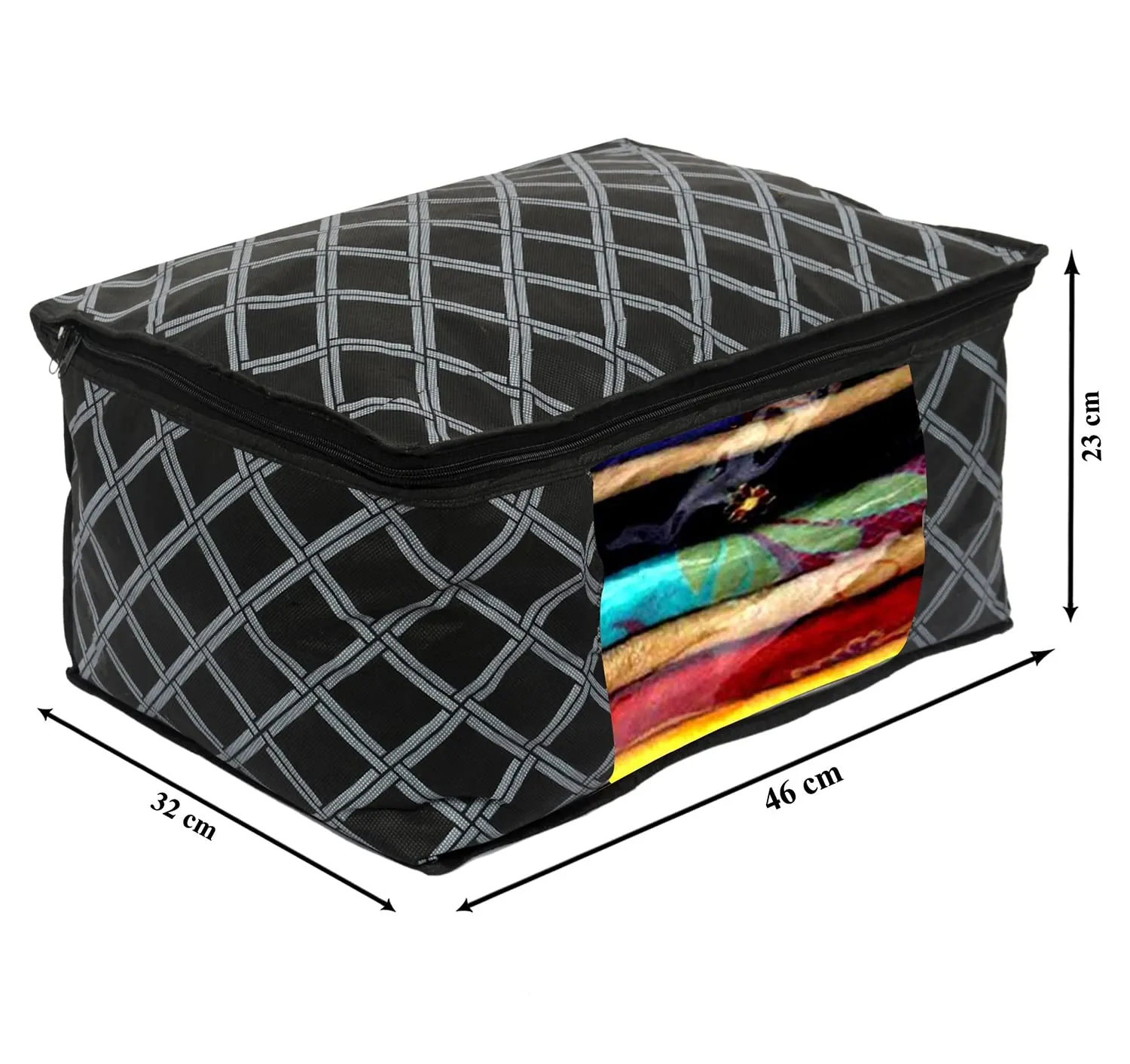 Heart Home Check Print Non-Woven Foldable Saree Cover|Clothes Storage For Saree, Lehenga, Suit With Top Transparent, Pack of 9 (Black)