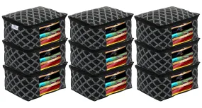 Heart Home Check Print Non-Woven Foldable Saree Cover|Clothes Storage For Saree, Lehenga, Suit With Top Transparent, Pack of 9 (Black)