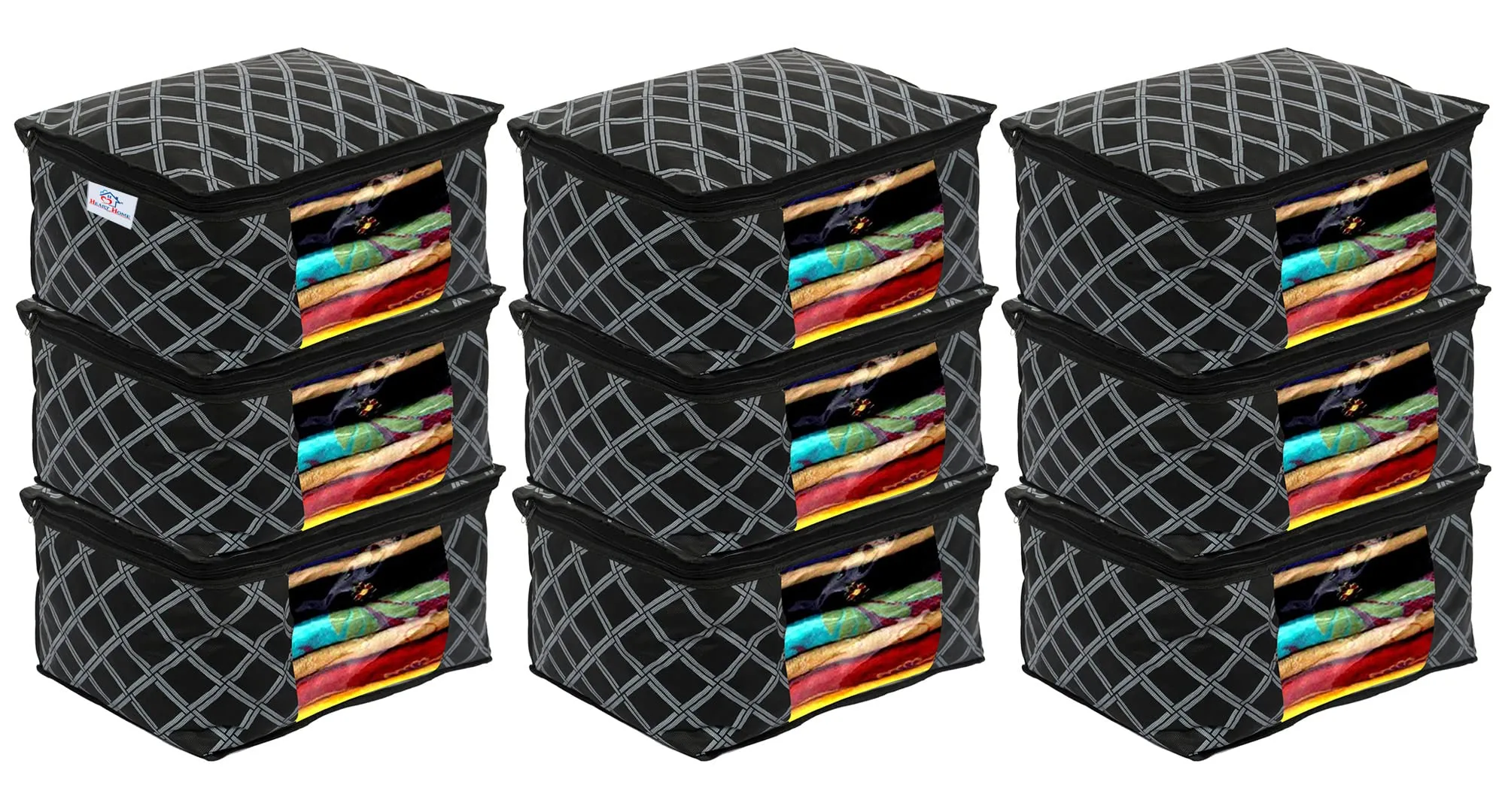 Heart Home Check Print Non-Woven Foldable Saree Cover|Clothes Storage For Saree, Lehenga, Suit With Top Transparent, Pack of 9 (Black)