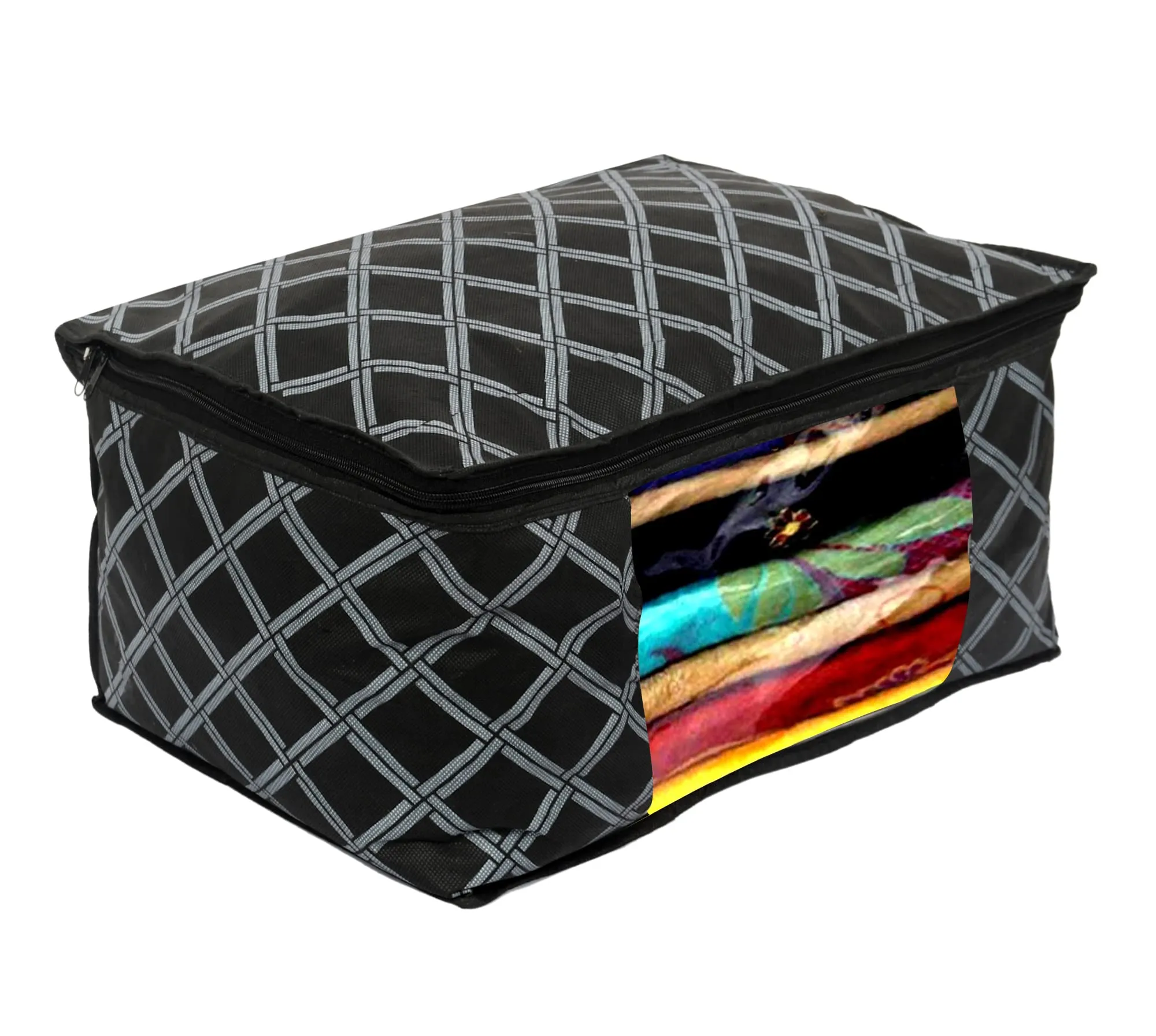 Heart Home Check Print Non-Woven Foldable Saree Cover|Clothes Storage For Saree, Lehenga, Suit With Top Transparent, Pack of 9 (Black)
