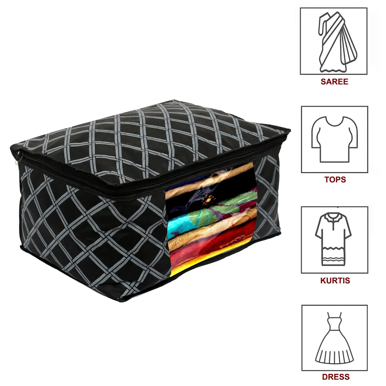 Heart Home Check Print Non-Woven Foldable Saree Cover|Clothes Storage For Saree, Lehenga, Suit With Top Transparent, Pack of 9 (Black)