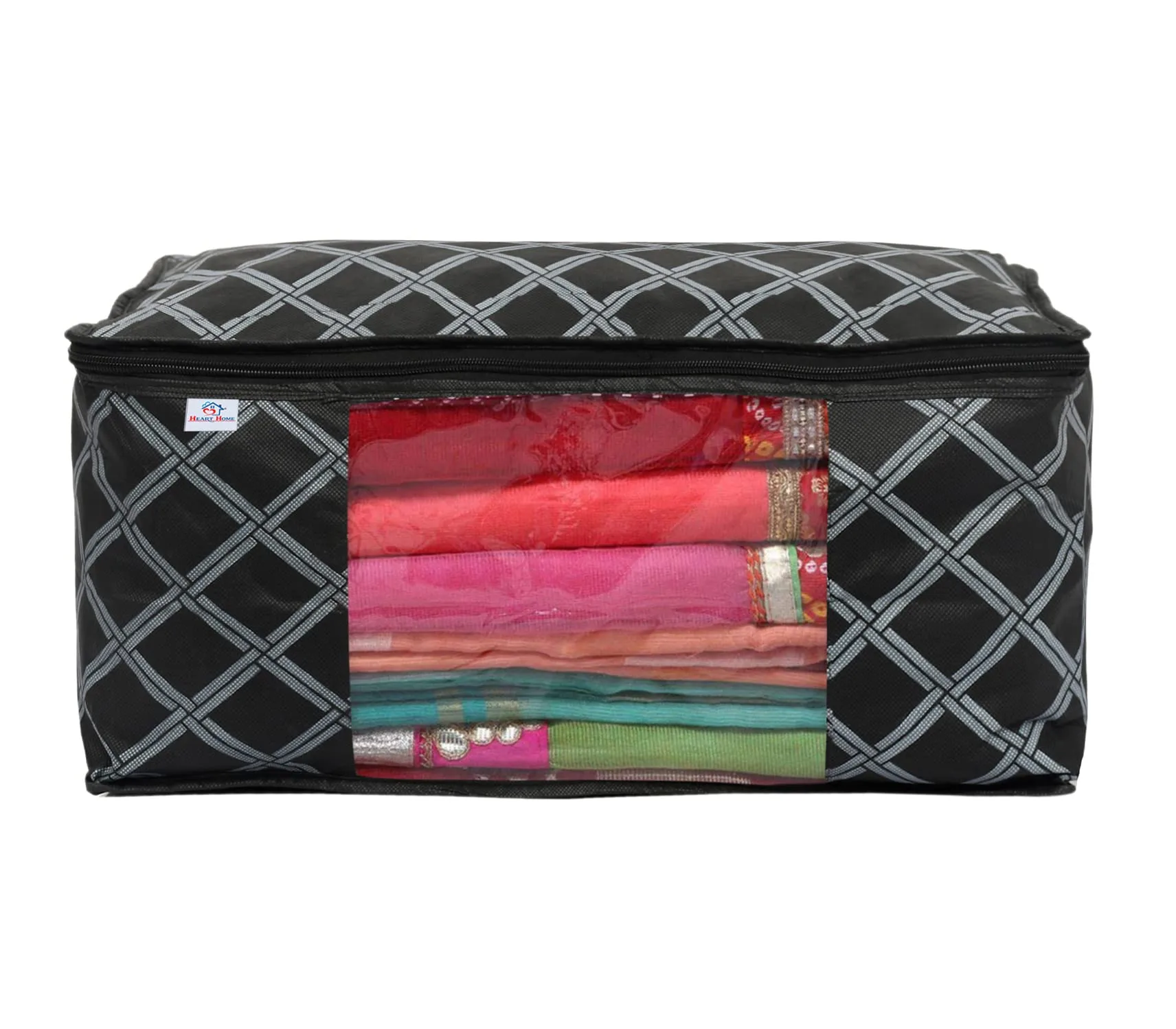 Heart Home Check Print Non-Woven Foldable Saree Cover|Clothes Storage For Saree, Lehenga, Suit With Top Transparent, Pack of 9 (Black)