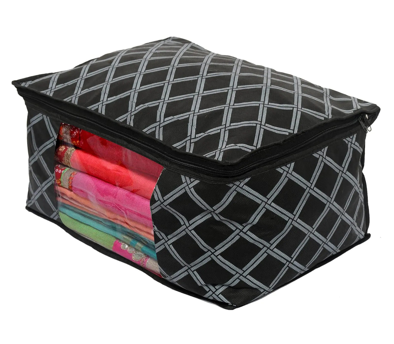 Heart Home Check Print Non-Woven Foldable Saree Cover|Clothes Storage For Saree, Lehenga, Suit With Top Transparent, Pack of 9 (Black)