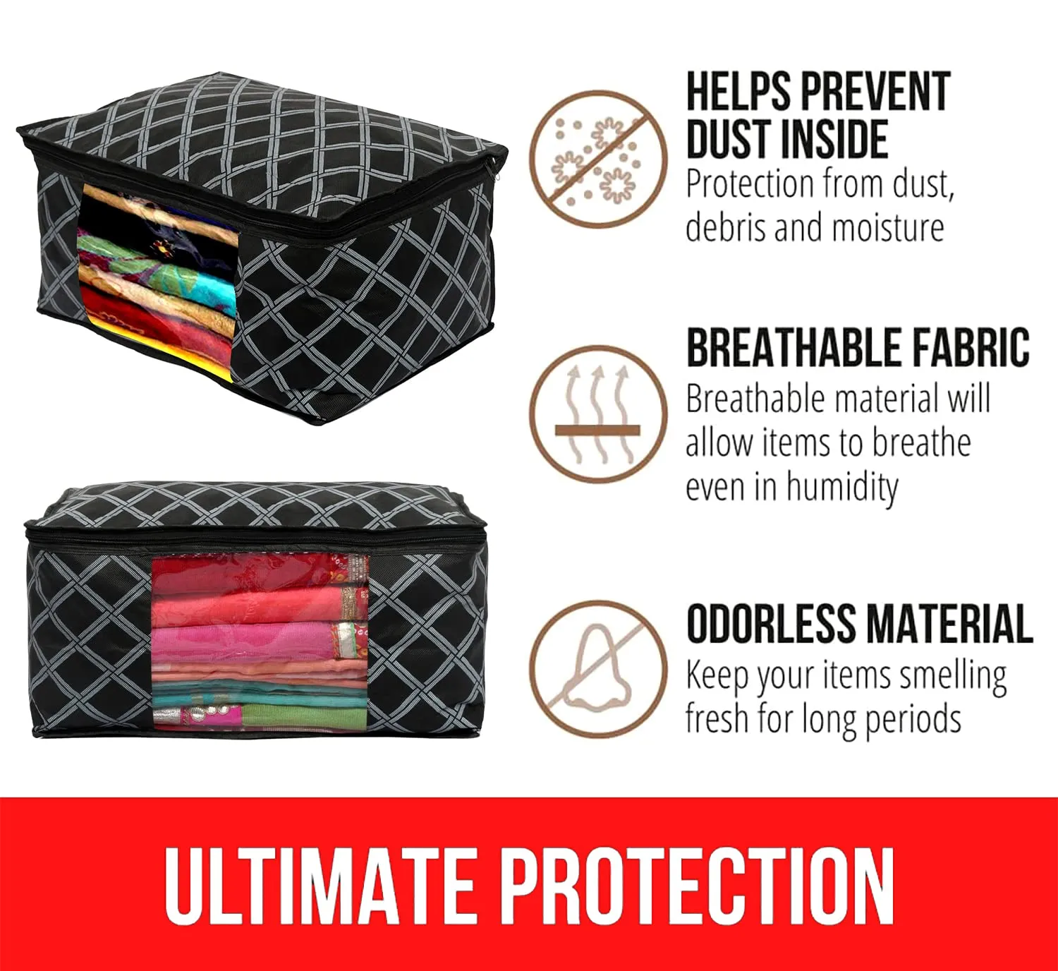 Heart Home Check Print Non-Woven Foldable Saree Cover|Clothes Storage For Saree, Lehenga, Suit With Top Transparent, Pack of 9 (Black)