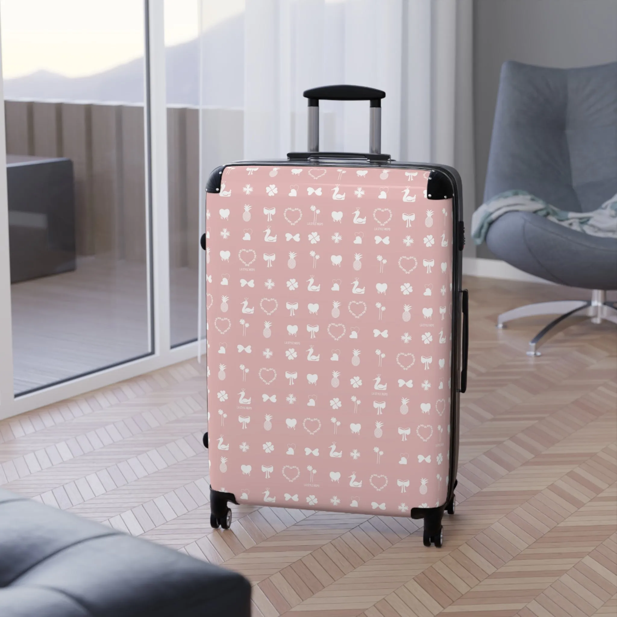 Iconic Luggage Suitcase Travel Bag with Organizer Sections in Pink and White Size S, M, L