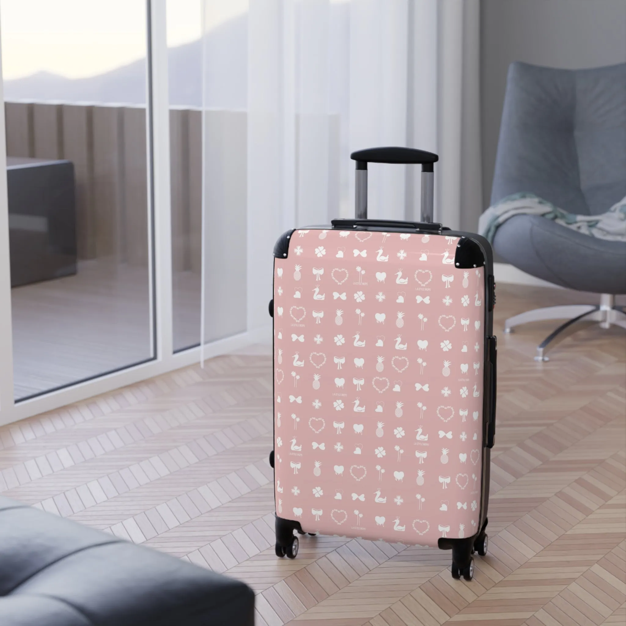 Iconic Luggage Suitcase Travel Bag with Organizer Sections in Pink and White Size S, M, L