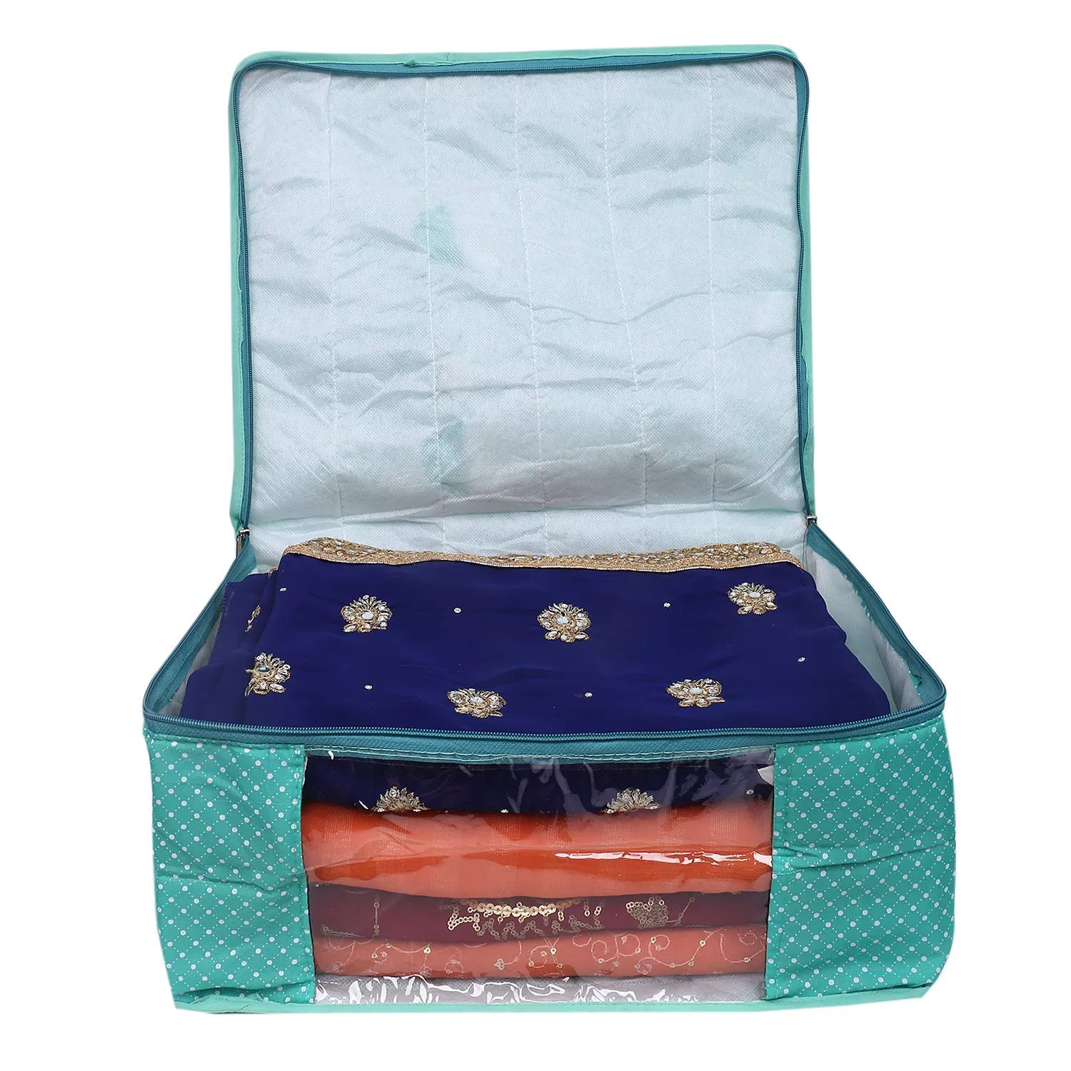 Kuber Industries Polka Dots 1 Piece Cotton 3 Layered Quilted Saree Cover (Green) - CTKTC31016