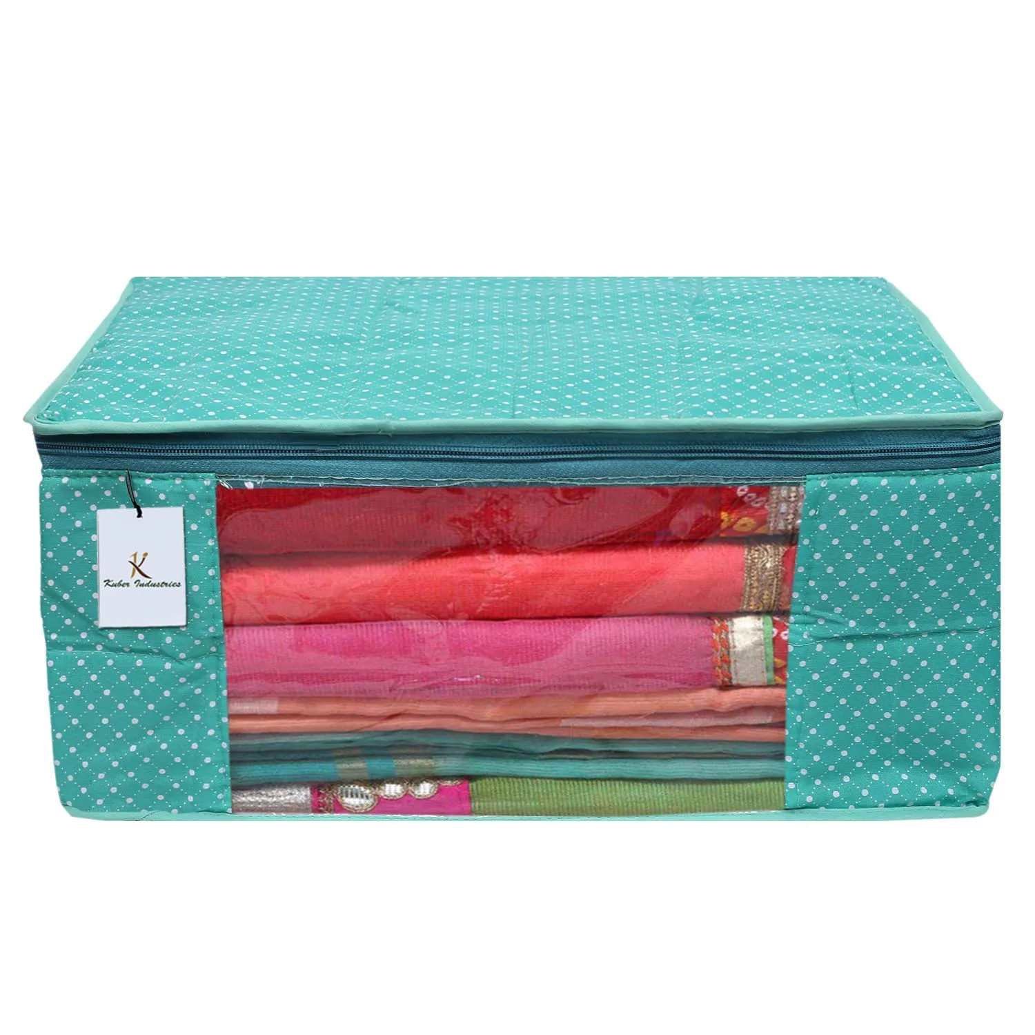 Kuber Industries Polka Dots 1 Piece Cotton 3 Layered Quilted Saree Cover (Green) - CTKTC31016