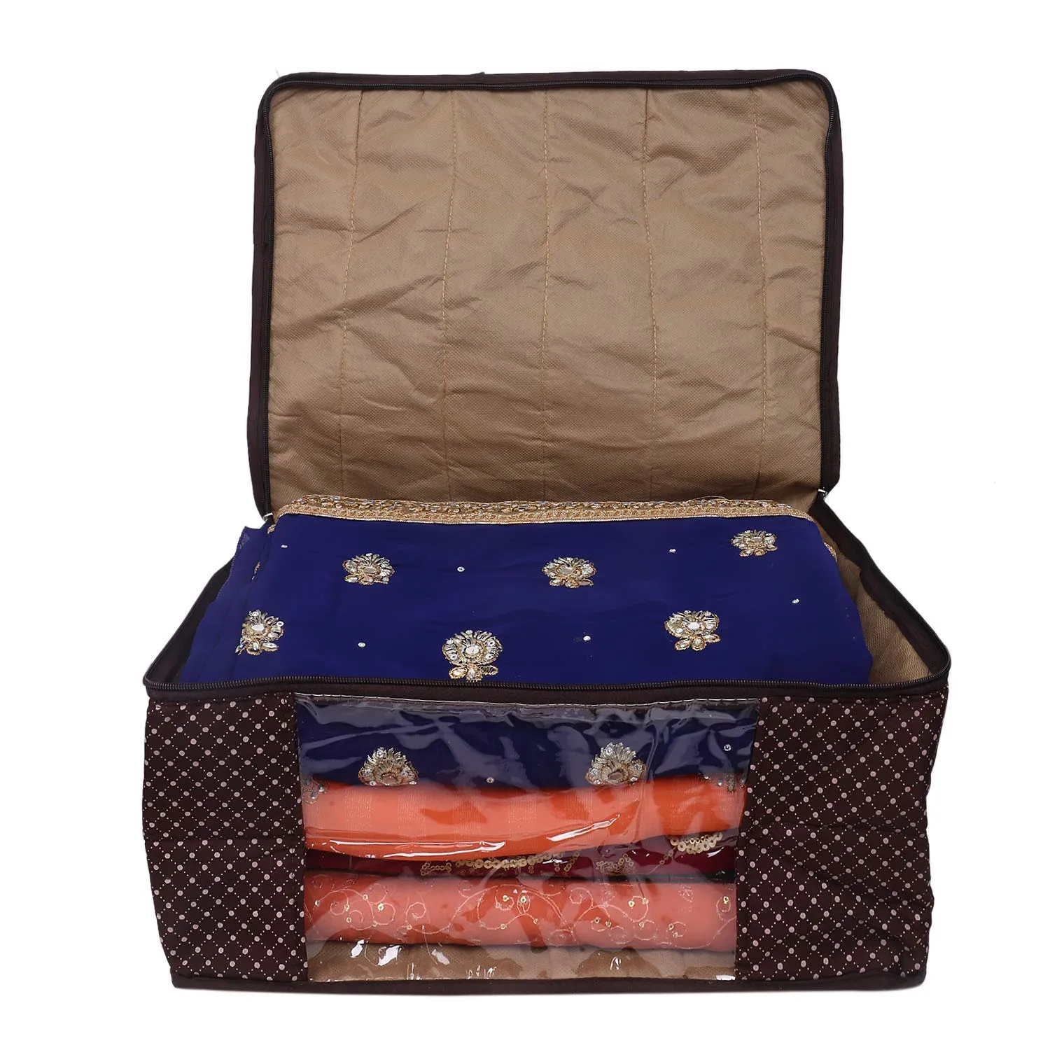 Kuber Industries Polka Dots 4 Pieces Cotton 3 Layered Quilted Saree Cover (Brown) - CTKTC31024