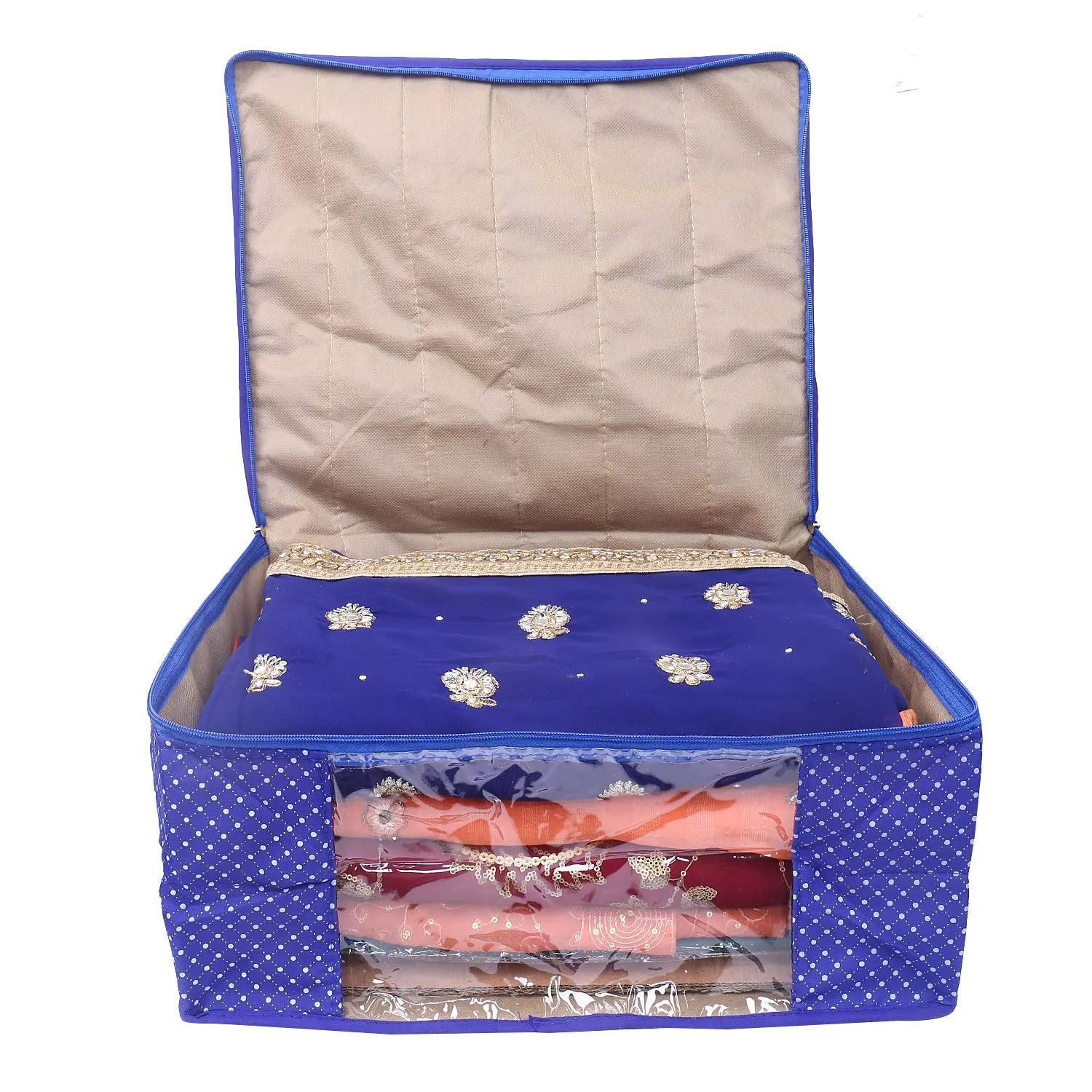 Kuber Industries Polka Dots 6 Piece Cotton 3 Layered Quilted Saree Cover, Blue-CTKTC25798