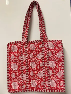 Quilted Cotton Tote Bag- Red and White