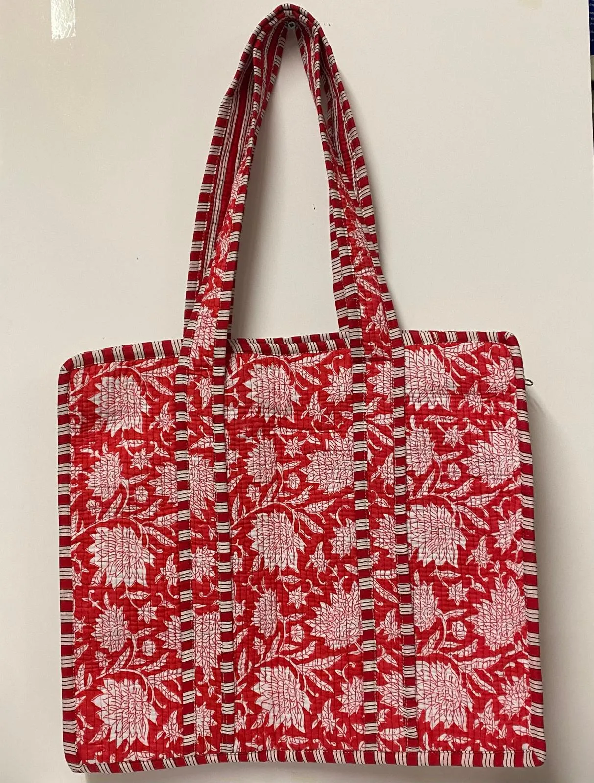 Quilted Cotton Tote Bag- Red and White