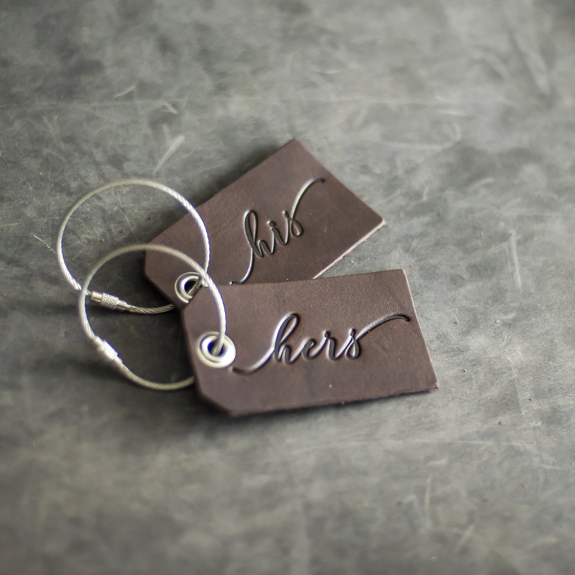 Set of His and Hers Stamped Leather Luggage Tags