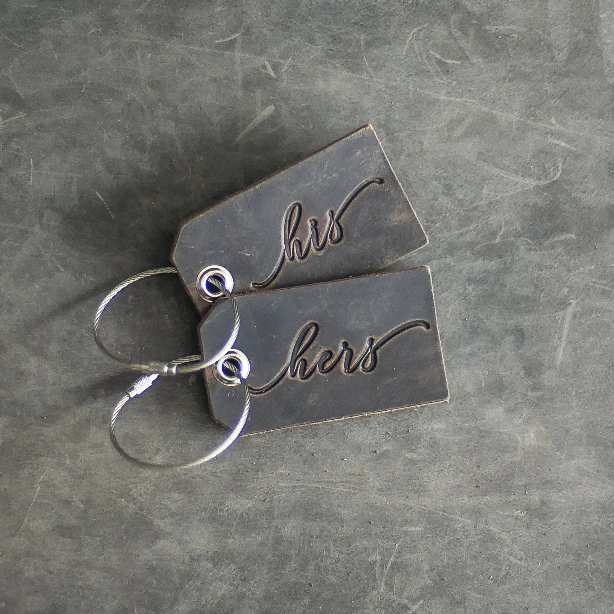 Set of His and Hers Stamped Leather Luggage Tags