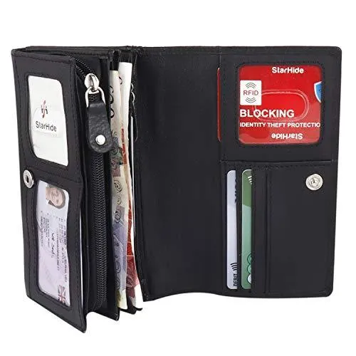 STARHIDE Ladies Soft Genuine Leather Flap Over Purse Multi Credit Card Slots 5510