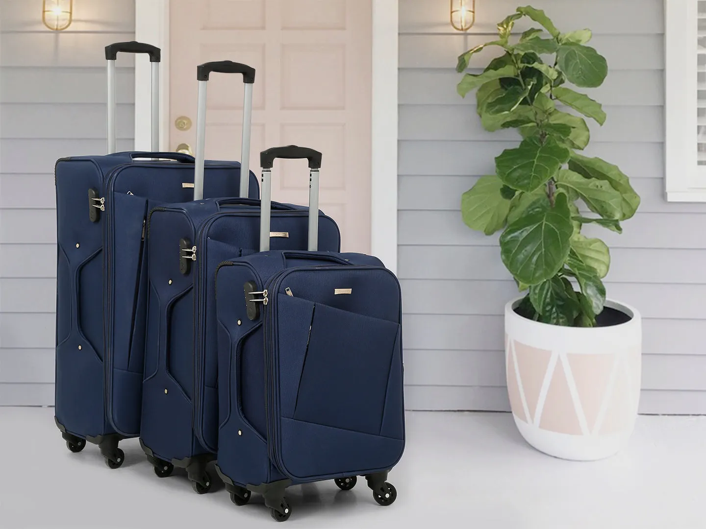 Unisex Blue Textured  Soft Sided Cabin Size Trolley Bag