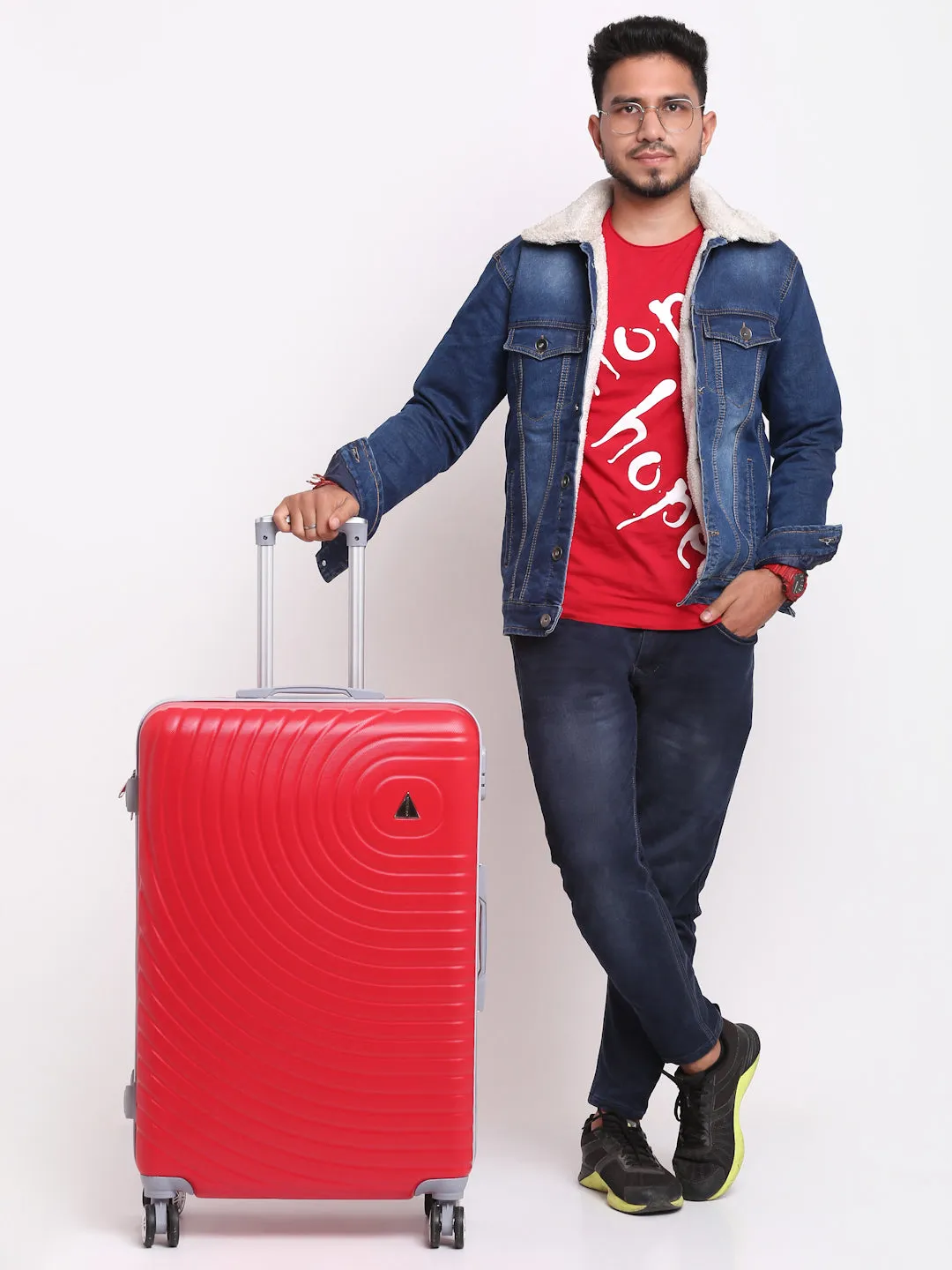 Unisex Set Of 3 Red Textured Hard-Sided Trolley Suitcases