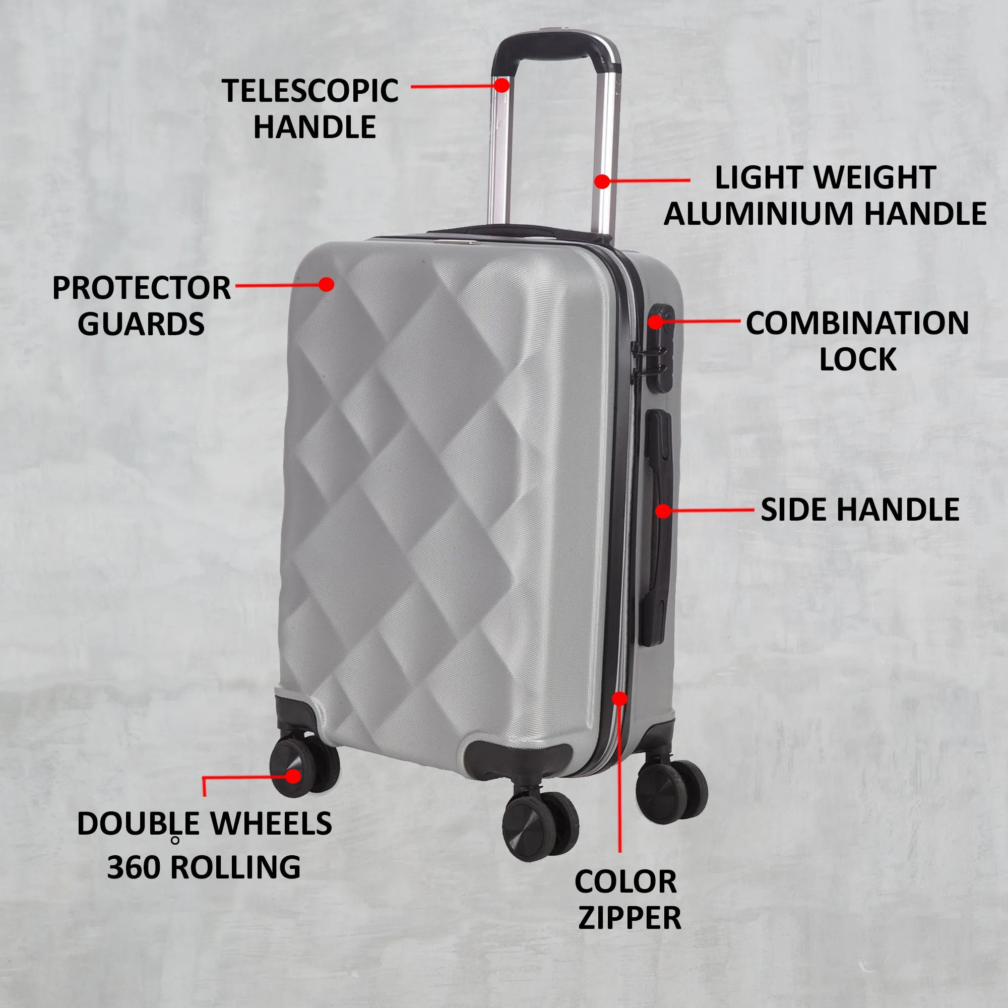Unisex Set of 3 Silver Textured Hard-Sided Large Trolley Suitcases
